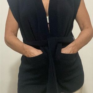 Navy blue Sleeveless Knit Cardigan Vest with Belt